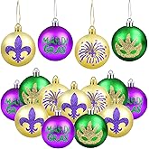12PCS Mardi Gras Ball Ornaments - 2.36" Glitter Purple Green Gold Home Tree Baubles Ornaments Shatterproof Hanging Ball - Mardi Gras Decorations for New Orleans Masquerade Party Decor