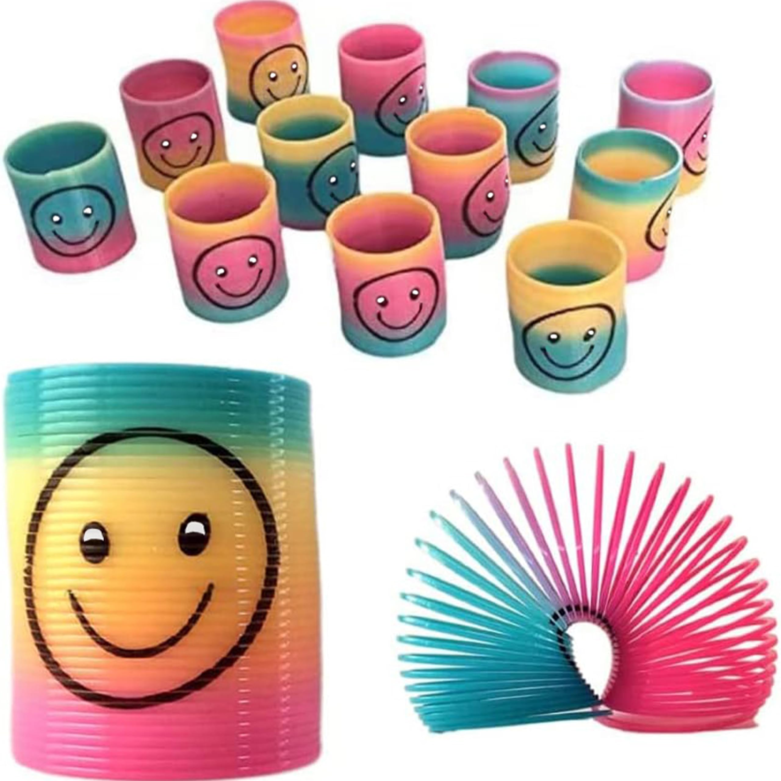 12Pcs Springs Party Bag Fillers for Boys Kids Girls-Rainbow Slinky Mini Smile Face-Fidget Pocket Toys for Birthday Return Gift Pinata Favours