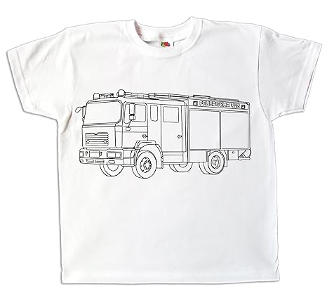 Pixkids Kinder T-Shirt Feuerwehr Feuerwehrauto Zum bemalen und ausmalen mit Vordruck Kindergeburtstag Kindergarten Für Jungen