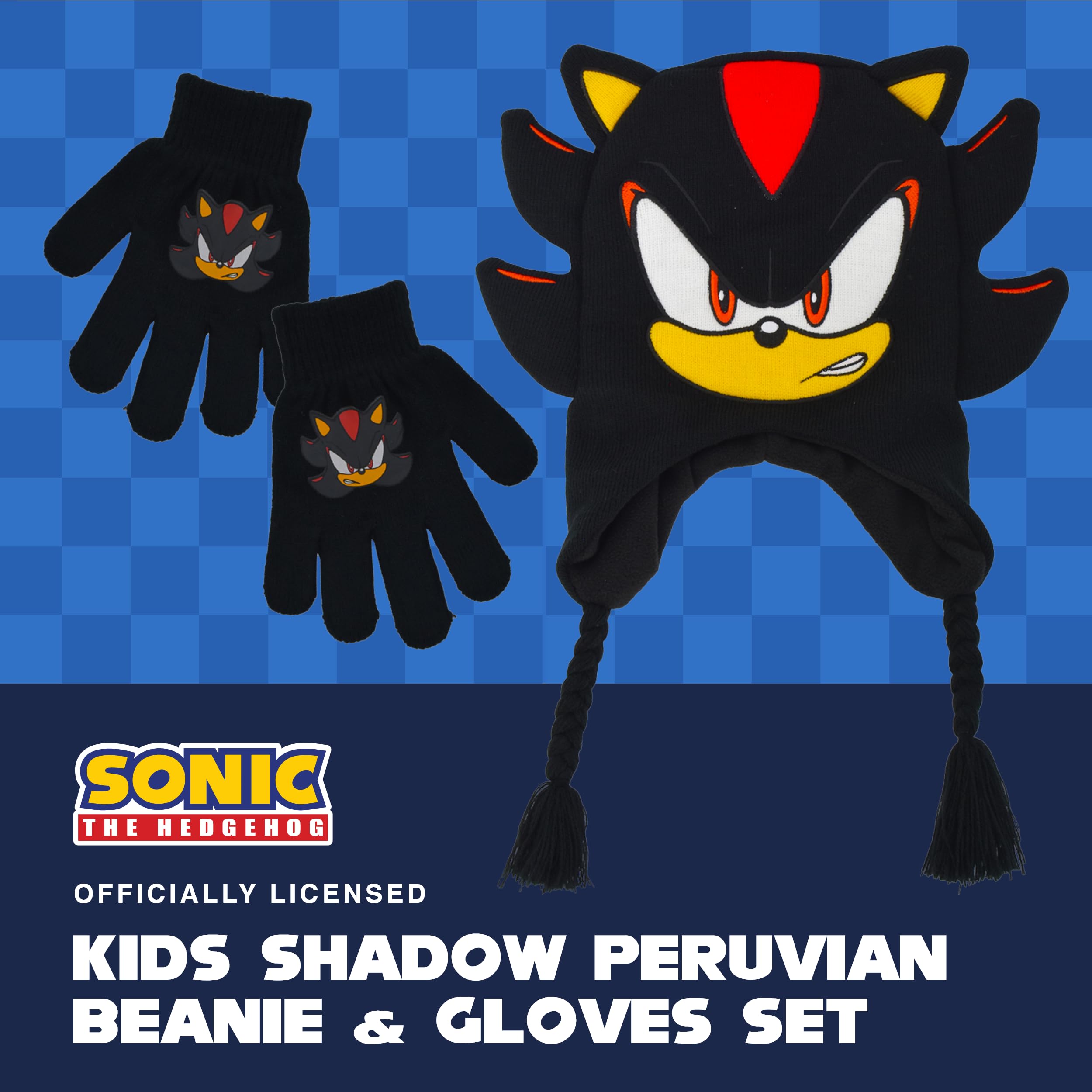 Concept One Sonic The Hedgehog Beanie Hat and Glove Set, Kids Knitted Winter Hat and Gloves