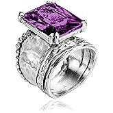 JEAN RACHEL JEWELRY 925 Sterling Silver Ring - Hammered Vintage Design with Octagon Shaped Cubic Zirconia - Hypoallergenic, Lead & Nickel Free - Artisan Handcrafted Statement Rings for Women