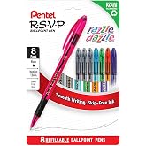 Pentel RSVP Razzle Dazzle Ballpoint Pen (1.0mm) Assorted Barrel Colors, Black Ink, 8 Pack