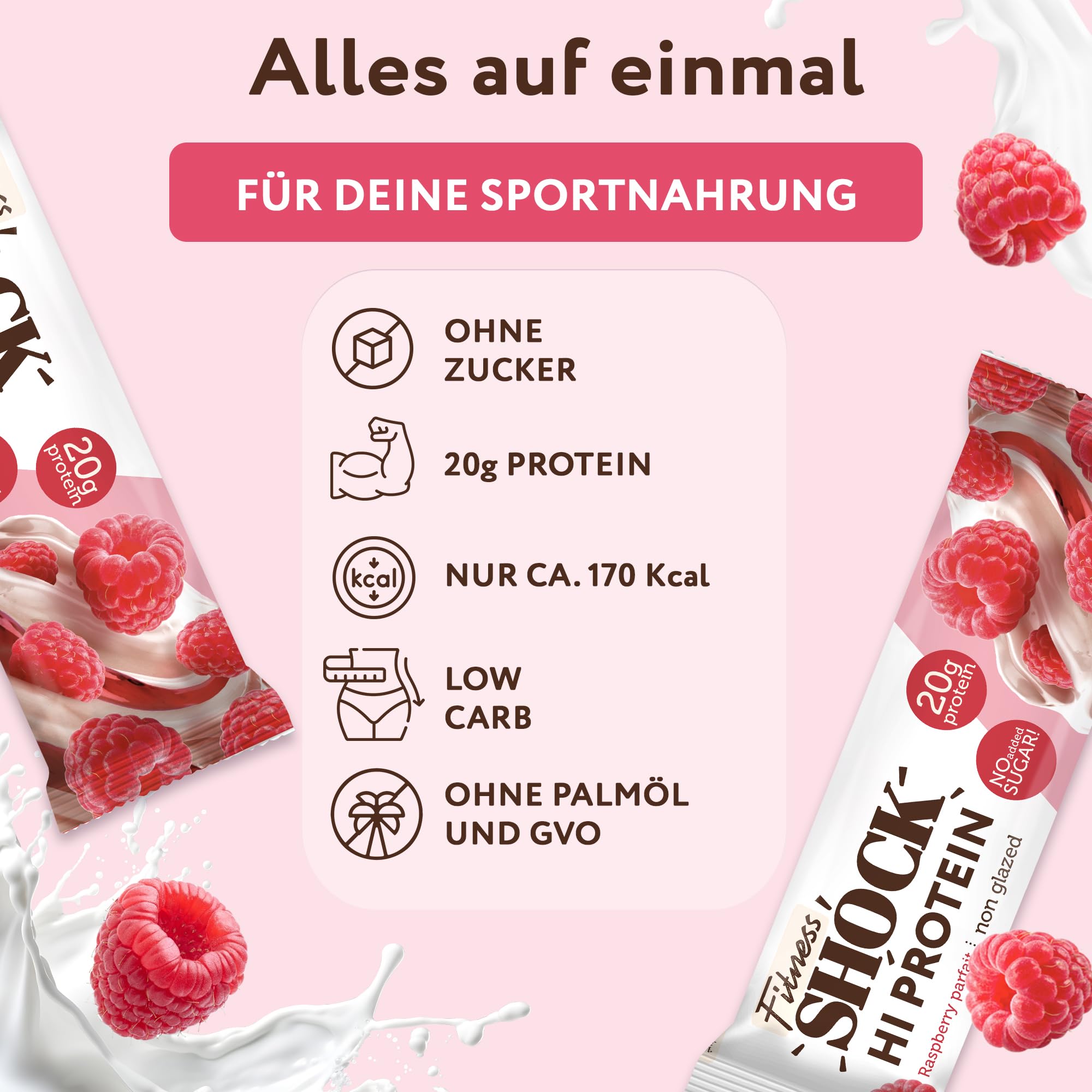 FitnesSHOCK High Proteinriegel Set mit hohem 20g Proteingehalt Eiweißriegel ohne Zuckerzusatz kalorienarm low carb ballaststoffreich Himbeere-Parfait Geschmack 12Stk 60g 6