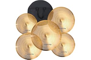 Eddaray Low Volume Cymbal Pack, Mute Cymbal Set 14'Hihats Pair+16"Crash+18'Crash+20"Ride 5 Pieces Drum Cymbal Drummer Practice Quiet Cymbal for Drum Set with FREE Carry Bag, Gold