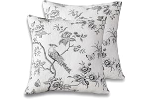 EVENHUG Quilted Pillow Shams Set of 2 Black Bird Pillow Covers Floral Pillowcases Matching Bedding Decoration (18" X 18")