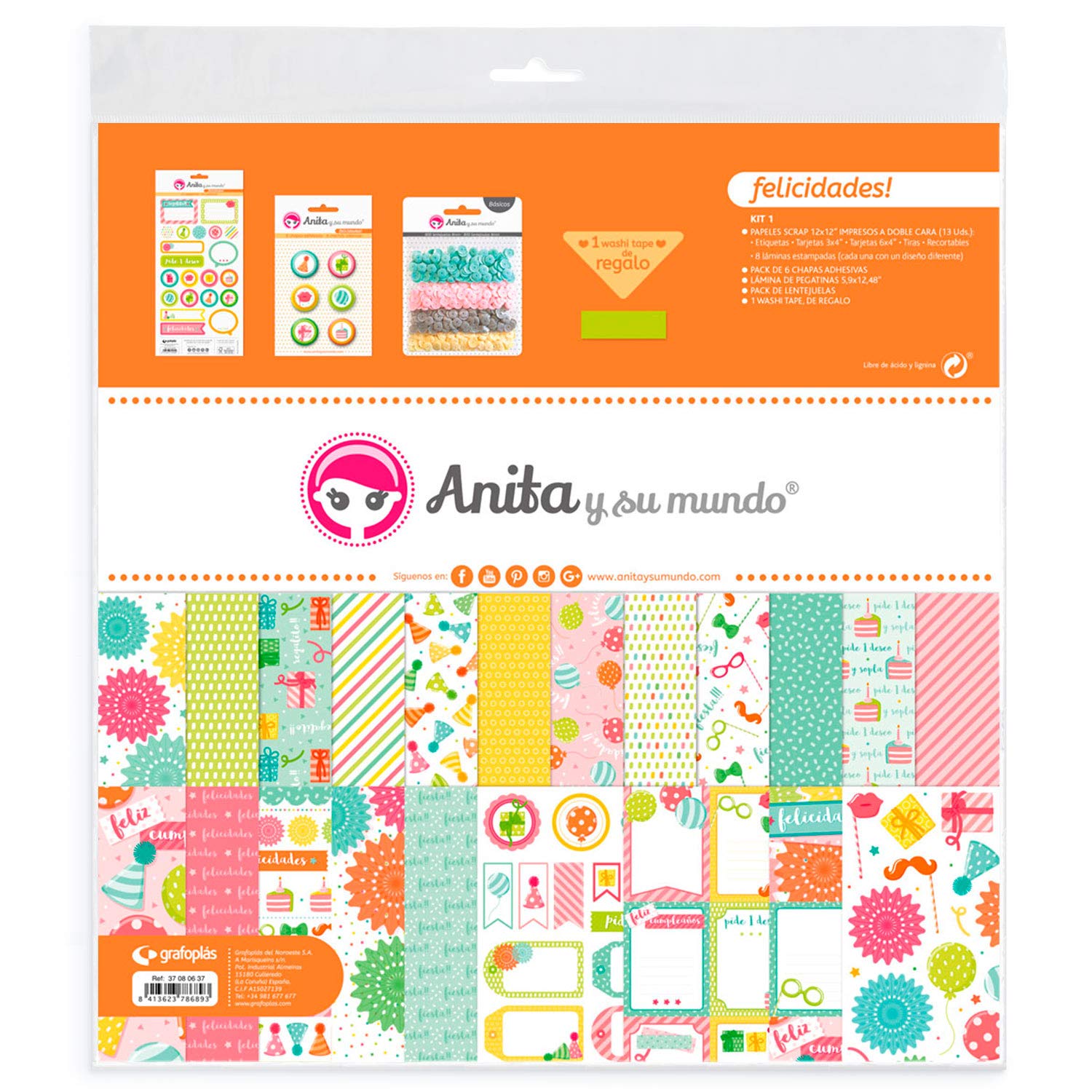 Anita and Su Mundo Congratulations Collection Kit Scrapbooking, 13 Printed Papers, Stickers, Plates, Sequins, Pastel, Washi Tape, Paper, Multicoloured, 12 x 12 Inches