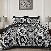 WONGS BEDDING 7 Pieces Comforter Set King Size, Black White Texture Bedding Set for All Season, Damask Soft and Breathable Bed in a Bag with Comforter, Flat Sheet, Fitted Sheet, Pillowcases & Shams
