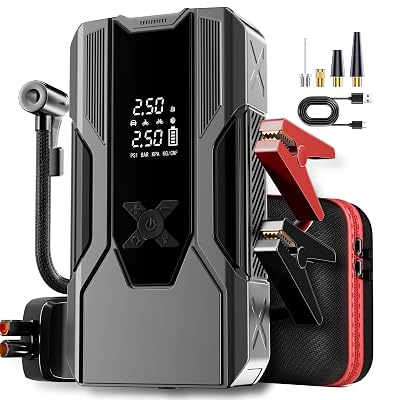 WANBILU Emergency Portable Jump Starter with Air Compressor - 3000A 150PSI for Cars, Trucks & SUVs up to 9L Gas/7L Diesel, 12000mAh Portable Power Bank, -20°F Cold Start (Grey)