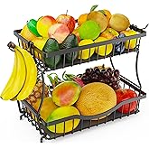 Zurklulu Large 2 Tier Fruit Basket for Kitchen Counter with 2 Banana Hangers, Metal Fruit Bowl with Protection Mats for Vegetable Bread Snack, Countertop Organizer – Black, 14.5" W x 9.5" D