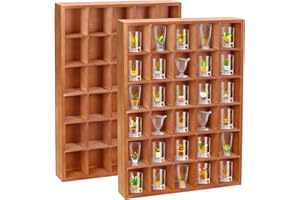 LEIFEOSH 2 Pcs Shot Glass Display Case, Brown Wooden Shot Glass Shelf with Removable Shelves, Wall Mounted Shadow Box Thimble Display Case, 30 Slots