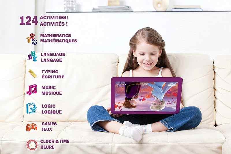 Disney Frozen 2 - Portátil educativo e bilingue francês/inglês - Brinquedo para raparigas com 124 atividades de aprendizagem, jogos e música com a Elsa e a Anna - Azul/Roxo, JC598FZi1