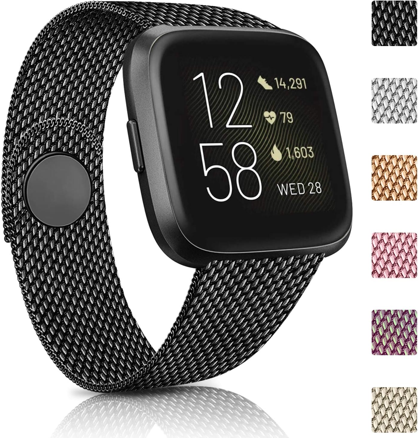 AK Compatible for Fitbit Versa/Fitbit Versa 2/Versa Lite Strap, Metal Breathable Mesh Loop Stainless Steel Magnetic Closure Clasp Replacement Watchbands for Fitbit Versa