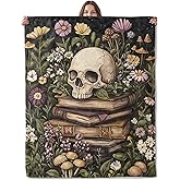Lugiu Skull and Books Floral Blanket, Lightweight Comfy Vintage Flowers & Mushrooms Blankets for Couch Sofa Bedroom, Soft Plush Travel Flannel Throw Blanket Gifts for Women Adults, Home Decor 60×50in
