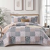 Mybedsoul Patchwork Quilt Set King Size, 3 Pieces Blue Brown Floral Plaid Bedspread Coverlet Set, Reversible Soft Microfiber Bedding Set for All Season, Fall Winter King 90"x104"