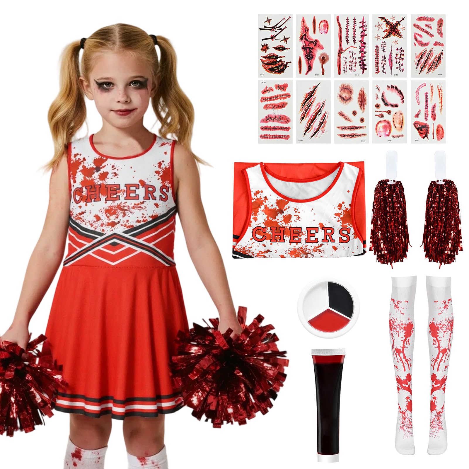 HarnyLoom Cheerleader Costume Kids Adults Zombie Cheerleaders Dress Girls Women Outfit Bloody Pom Poms Stickers Dead Spooky Halloween Parties Dress Up