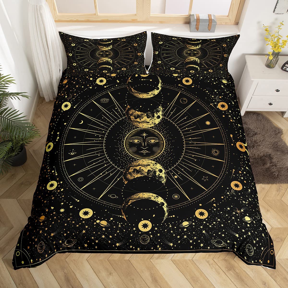 richhome Bohemian Celestial Sun Duvet Cover Set King Moon Stars Bedding Set for Teens Kids Golden Black Breathable Cover Soft Quilt Cover Bedroom Decor Bedspread — image 1