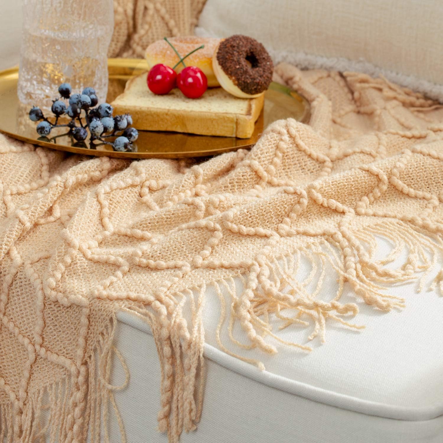 Bedsure 100% Acrylic Knit Throw Blanket, 50×60 Inch - Soft Warm Cozy Lightweight Decorative Blanket with Tassels for Couch, Bed, Sofa, Travel - All Seasons Suitable for Women, Men and Kids (Camel): Home & Kitchen