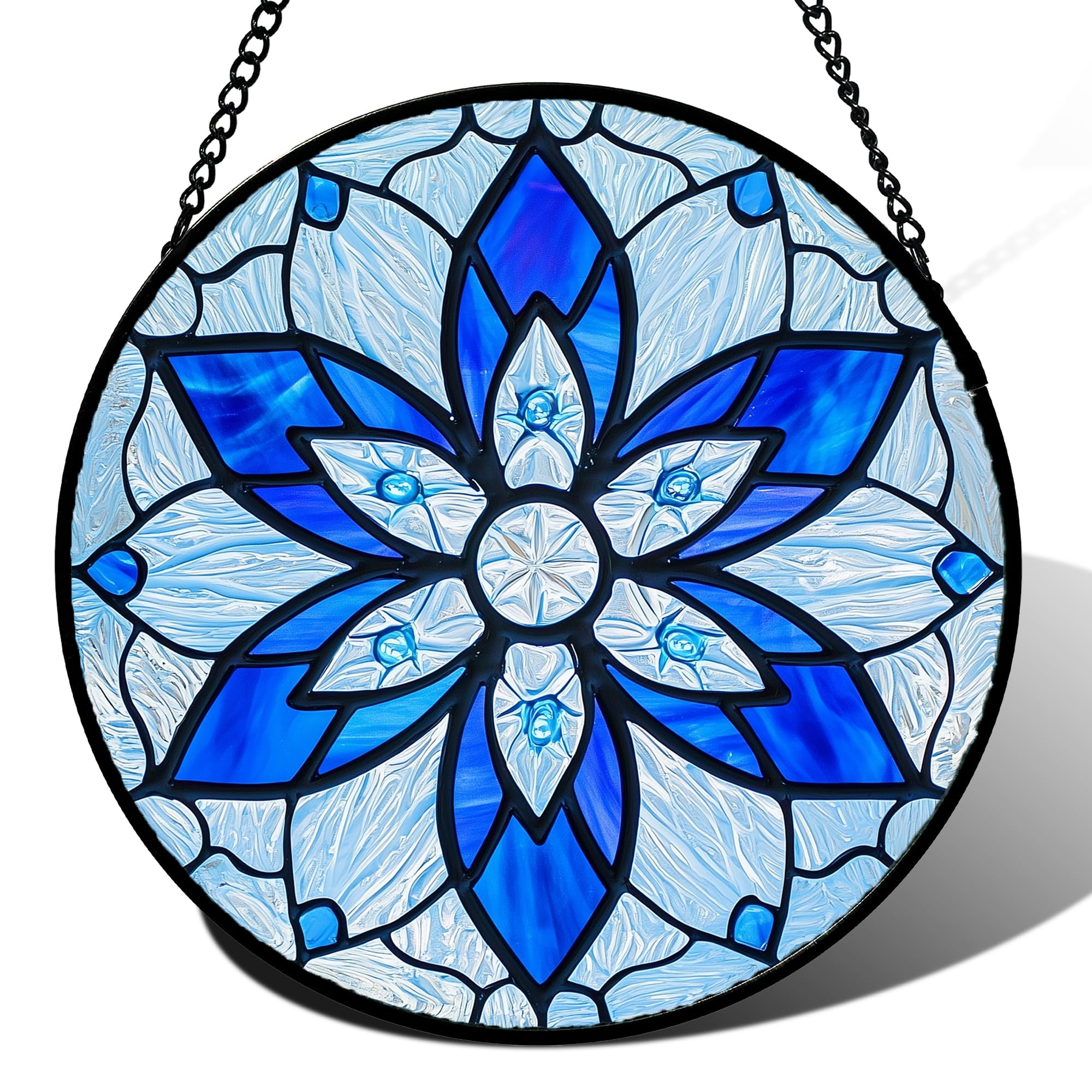 AMDERVEN Stained Glass Window Hanging, Blue Tiffany Style Flowers Sun Catcher for Window Door Home Decor Suncatcher Christmas Mother's Day Birthday Gifts for Women Men Mom and Nana 9.8 in Image