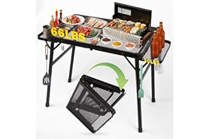 Grovind Grill Table Camping Table with 2 Wing Panels, Mesh Metal Folding Grill Table Height Adjustable & Lightweight & Portable Table for Outdoor Indoor Picnic, Camping, Beach and BBQ, RV