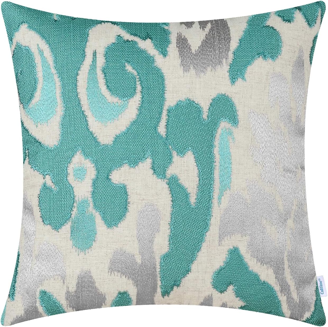 CaliTime High Class Throw Pillow Cover Case for Couch Sofa Home Decoration Vintage Ikat Style Applique Embroidered 16 X 16 Inches Teal & Silver