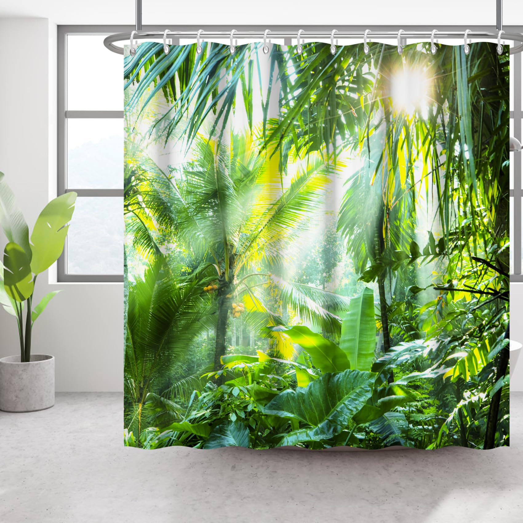 Bovlleetd 71x79inch Tropical Botanical Shower Curtain 3D Summer Scene Banana Tree Bathroom Curtain Palm Tree Warm Sunshine Shower Curtains Green Rainforest Plant Waterproof Bathtub Curtain — image 1