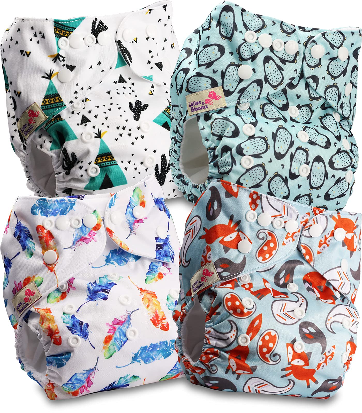 Littles and Bloomz Baby Reusable Pocket Nappy Cloth Diaper, Standard Popper, 4 Nappies, FLP2-0407