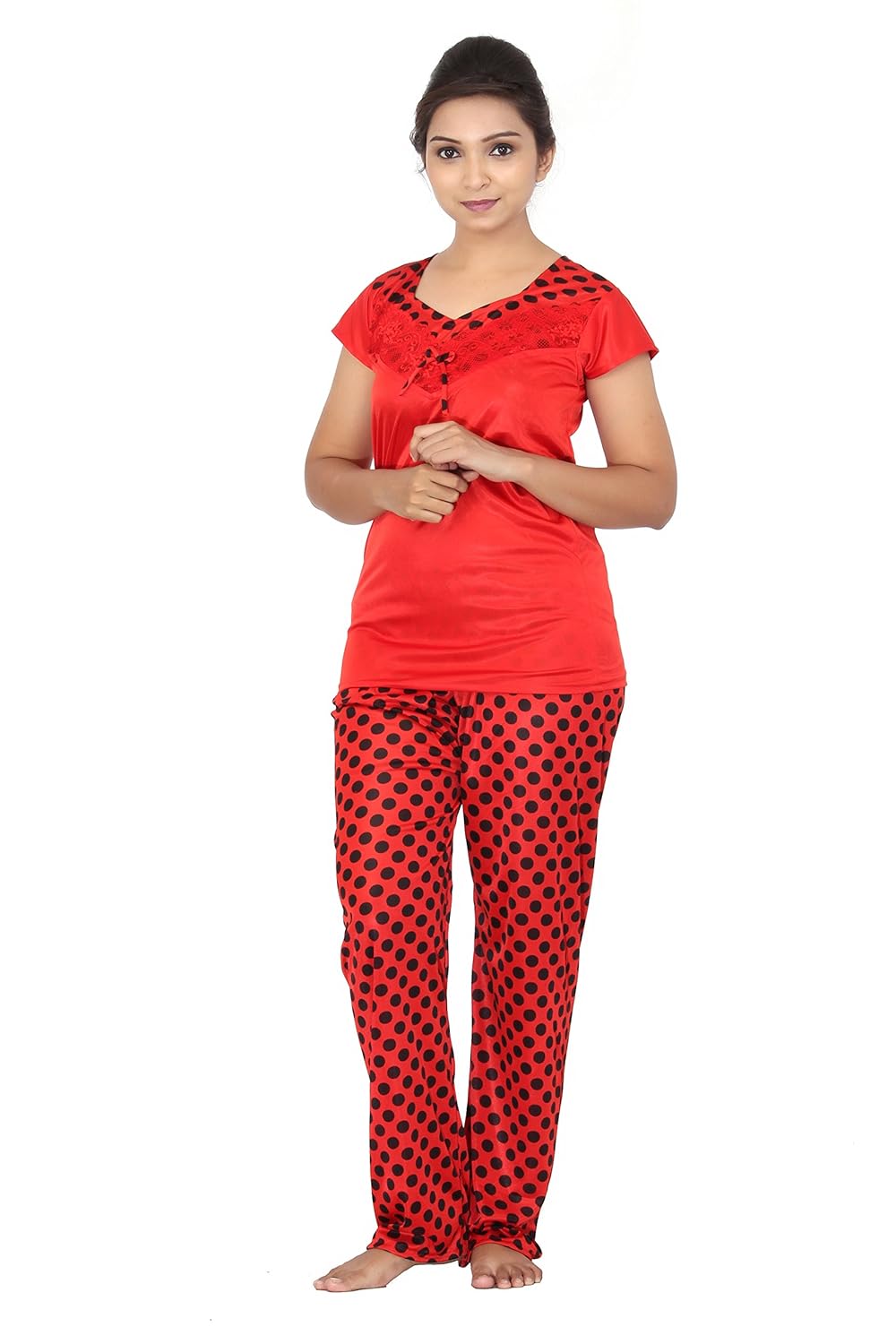 fabme women's polka dots satin night suit (top & pyjama) (colour options) (size - small to xx-large)
