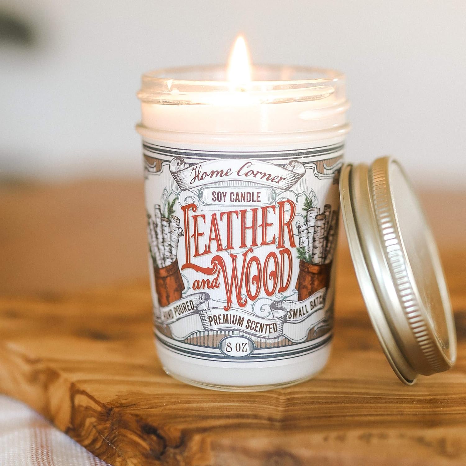 Home Corner Candles – Leather and Wood - Scented Soy Jar Candle - Great Gifts for Men and Home Décor - Hand Poured in The USA - Highly Scented & Long Lasting Burn Time - 8 oz: Home & Kitchen