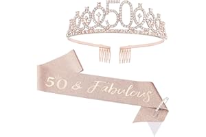 CIEHER 50th Birthday Crown + 50 & Fabulous Sash+Pearl Pin Set, Tiara, 50th Gifts, Decorationsfor Women Friends, Happy Party Favor Supplies