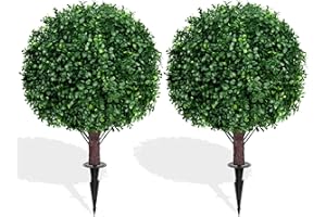 YANGRASS Artificial Boxwood Topiary Ball Trees with Ground Spike, Set of 2 UV Resistant Artificial Shrubs, Fake Evergreen Artificial Plant Bushes for Indoor Outdoor Front Porch Garden