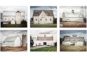 LISA RUSSO FINE ART - Farmhouse Decor Set of 6 White and Blue Barn Landscape Art Prints - Not Framed - Western Country Rustic Wall Art Pictures (6 SMALL 5x7 Prints Only)