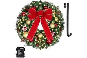 GAMEXCEL 24" Pre-Lit Christmas Wreath with Lights - 50 LED and Timer, 8 Lighting Modes - Battery Operated Christmas Door Wreath with Balls Ornaments, Bowknot, Wreath Hanger for Christmas Outdoor Decorations