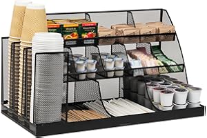 Mind Reader Cup and Condiment Station, Breakroom Countertop Organizer, 3-Tier Storage for Office Coffee Stations and Shared S