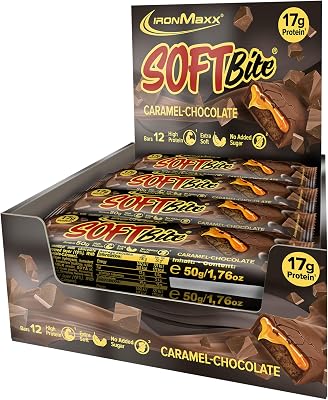 SoftBite Barrita Proteica Chocolate Caramel, 12 × 50 g – Textura Extra Suave, Alto Contenido En Proteínas Y Fibra, Sin Azúcares Añadidos, Ideal Para Llevar