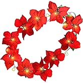 Poinsettia Lighted Garland - 10 Red Poinsettias - LED Lights - 60 Inches Long - Lighted Christmas Decorations - Decorative Floral Garlands
