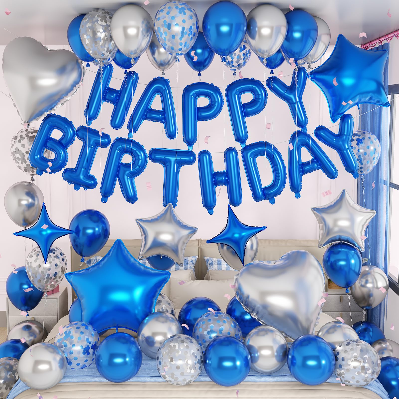 Froova Blue Silver Birthday Decorations for Boys Dark Royal Navy Blue Metallic Silver Confetti Balloon Happy Birthday Banner 18/10 Inch Heart Foil Balloons Star Balloon for Men Bday Party Supplies
