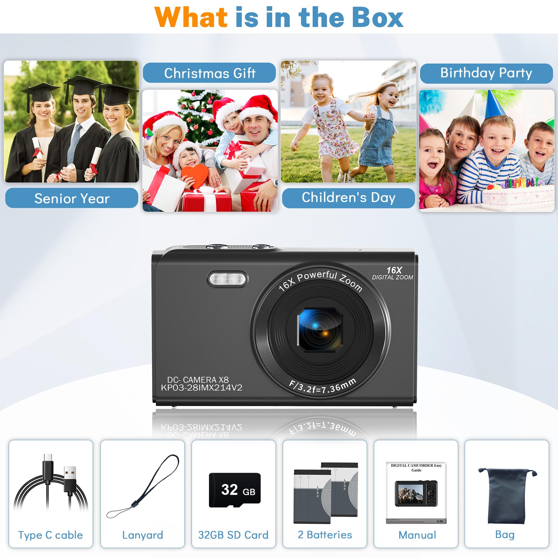 Digital Camera, Saneen 4K WiFi Kids Cameras for Photography, Compact Camera with 32GB Card, 16X Digital Zoom, 2.8