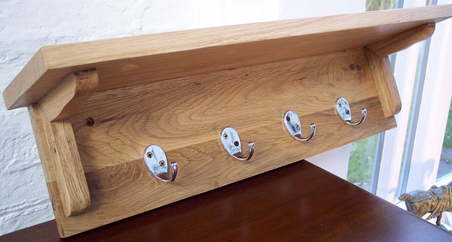 Solid oak Coat hooks wall mounted shelf key store 4 silver hooks ...