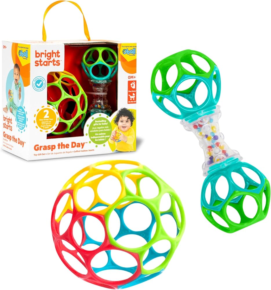 Bright Starts Easy-Grasp Oball Bundle Gift Set - Grasp The Day, Ball and Rattle Toys 2-Pack, BPA Free, Unisex, Newborn+