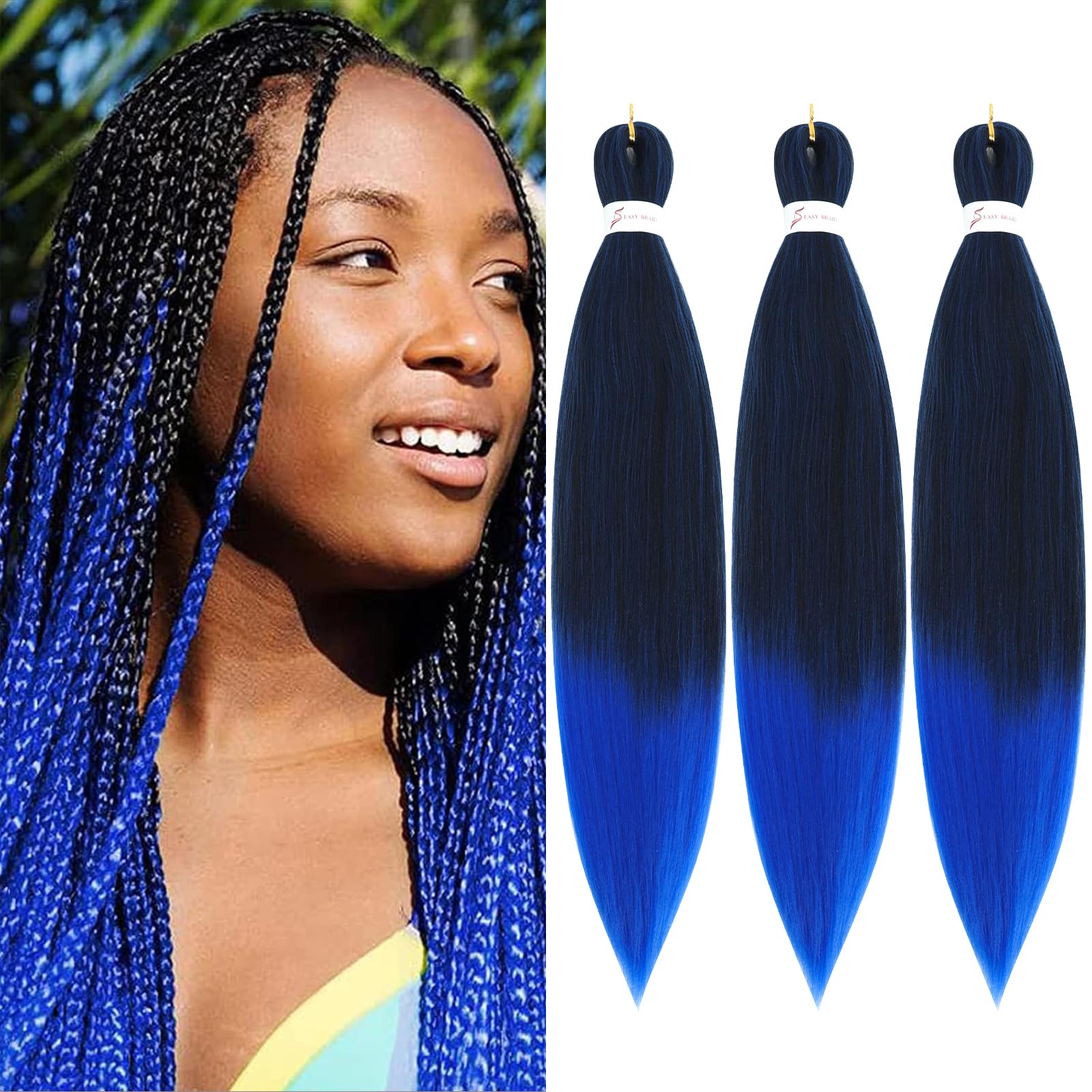 Easy Braid Pre stretched Braiding Hair Extensions - 26 Inch 3Packs Ombre Braiding Hair Soft Yaki Texture Crochet Synthetic Hair Hot Water Setting Crochet Braiding Hair Extensions (1B/Blue#) — image 1