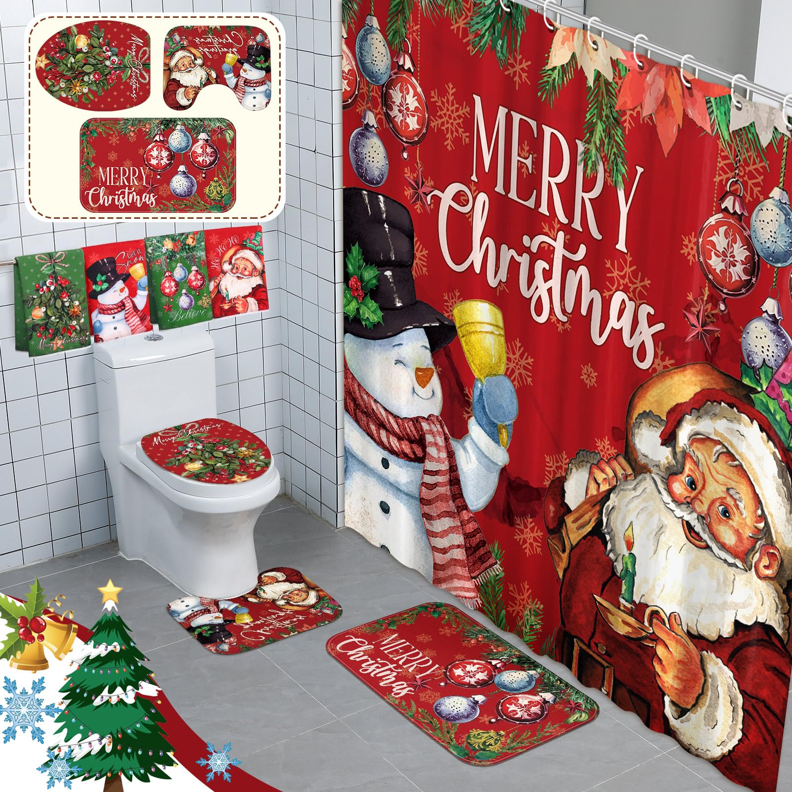 Photo 1 of **PARTIAL SET MISSING CURTAIN** FuWeave 8 Pcs Christmas Shower Curtain Set Xmas Santa Bathroom Decoration Christmas Tree Hand Towels Snowman Toilet Lid Cover Bathroom Rugs Xmas Shower Curtain with Hooks(Snowman Style)