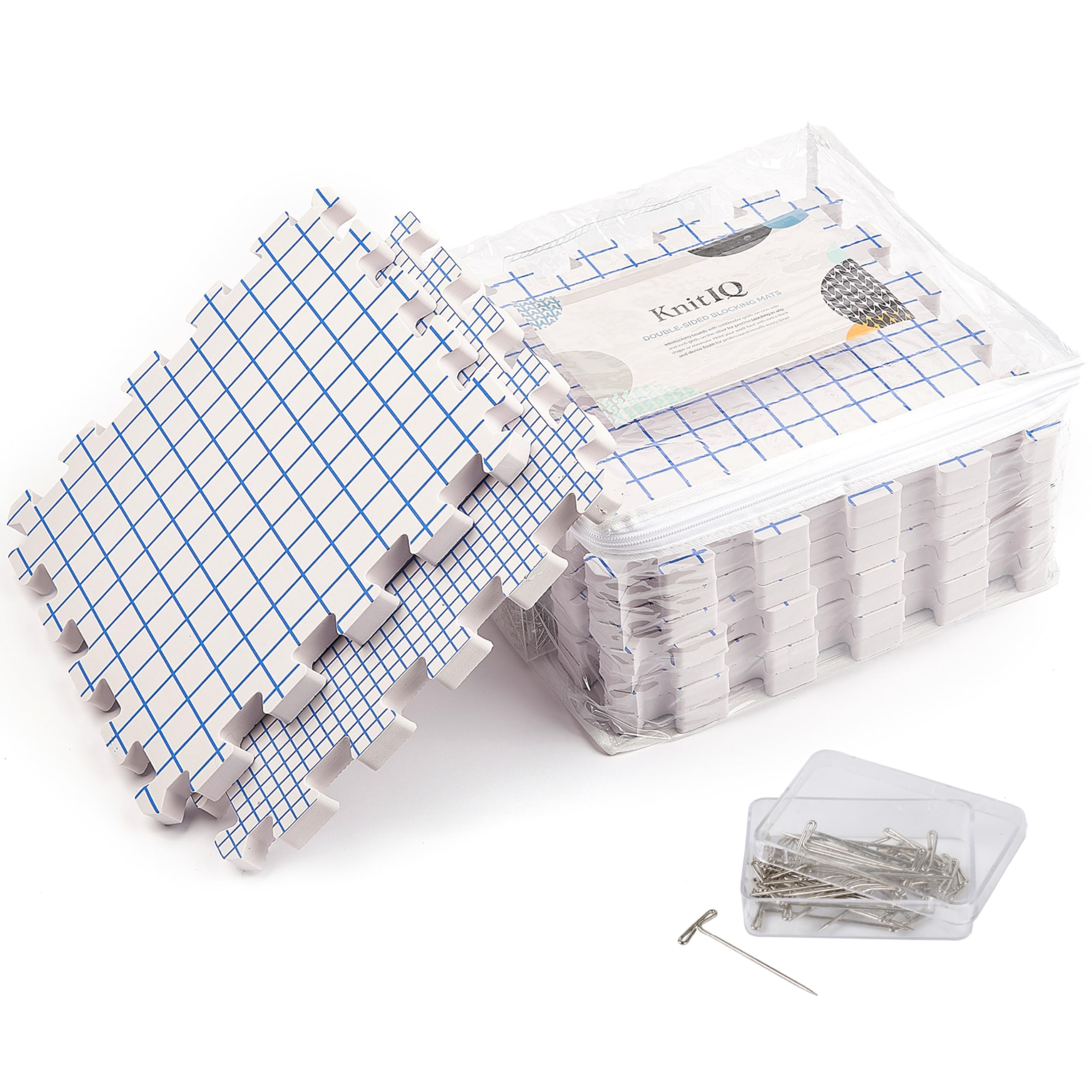Photo 1 of KnitIQ Double-Sided Blocking Mats for Knitting and Crochet Projects - Extra Thick Blocking Boards for Crochet with Gridlines - Inches and Centimeters - 100 T Pins and Storage Bag - Pack of 9
