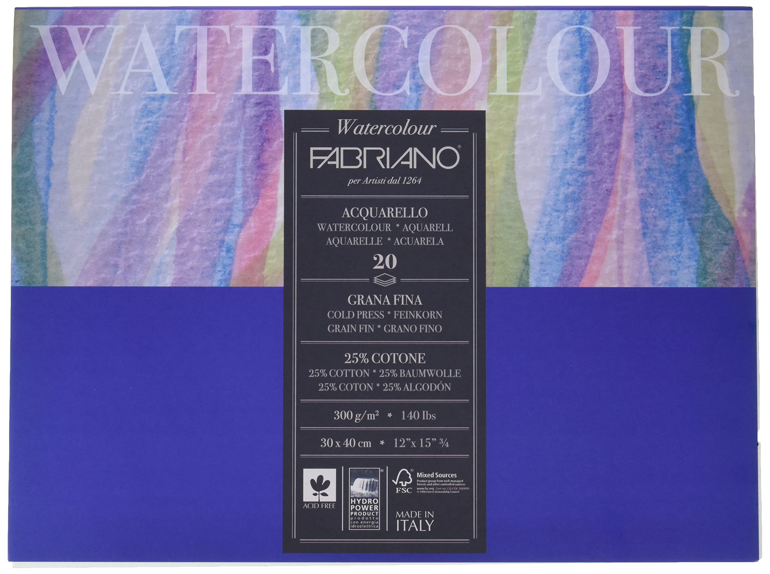 Fabriano Watercolour Paper, Cotton, White, 30 x 40 x 0.5 cm
