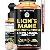 KEY ELEMENTS Smart Lions Mane Extract for Memory, Focus & Brain Health - Lions Mane Tincture with Ashwagandha and L Theanine - Liquid Lion's Mane Nootropic Mushroom Supplement - 2 Month Supply