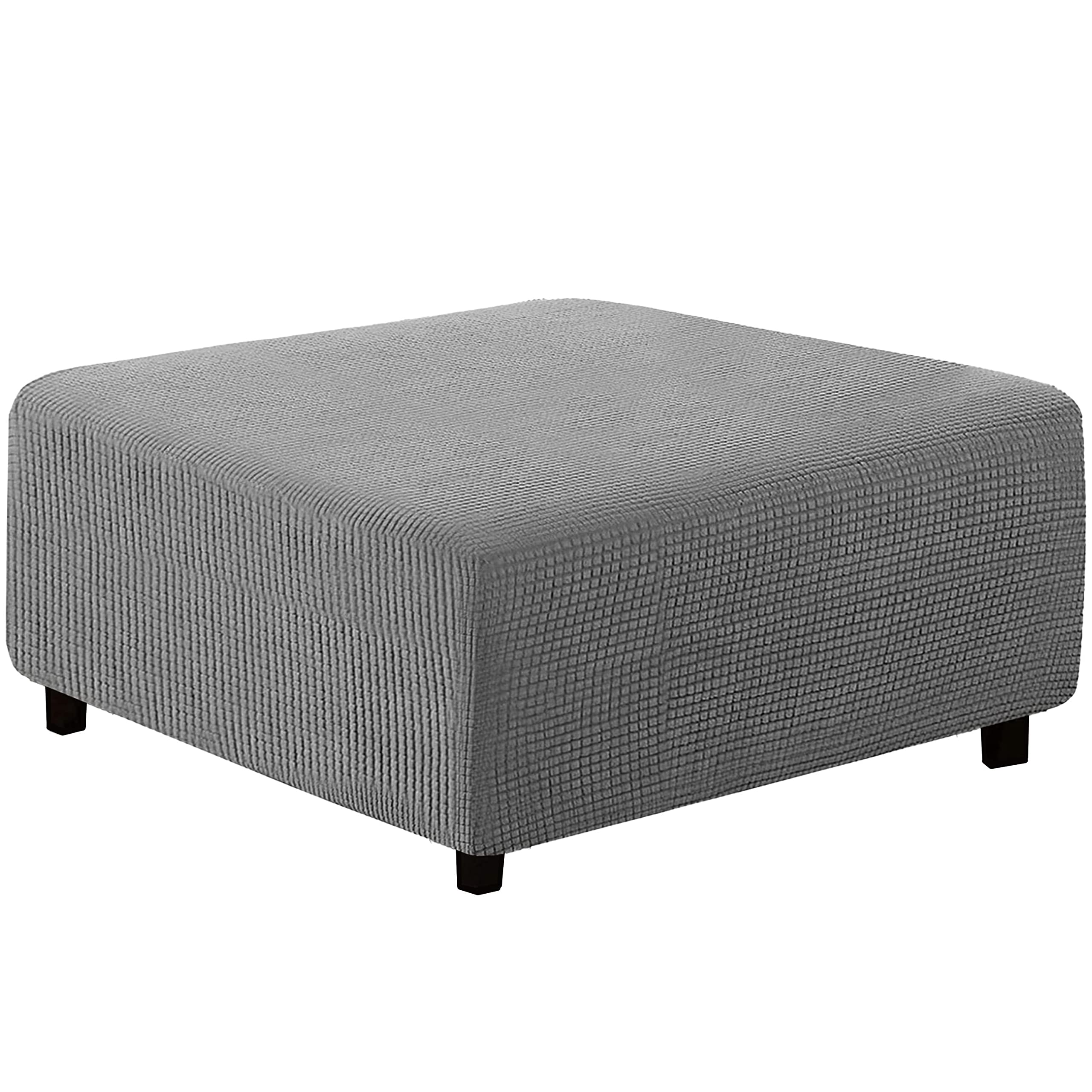qiden Square Footstool Cover Jacquard Plush Thicker Large Stretch Pouffe Cover Anti-Slip Ottoman Slipcovers With Elastic Bottom, Machine Washable-light grey-Large