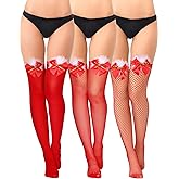 Tarpop 3 Pairs Christmas Thigh High Stockings for Women Sexy Fishnet Tights Red with Satin Bow over The Knee Stretchy Stocks