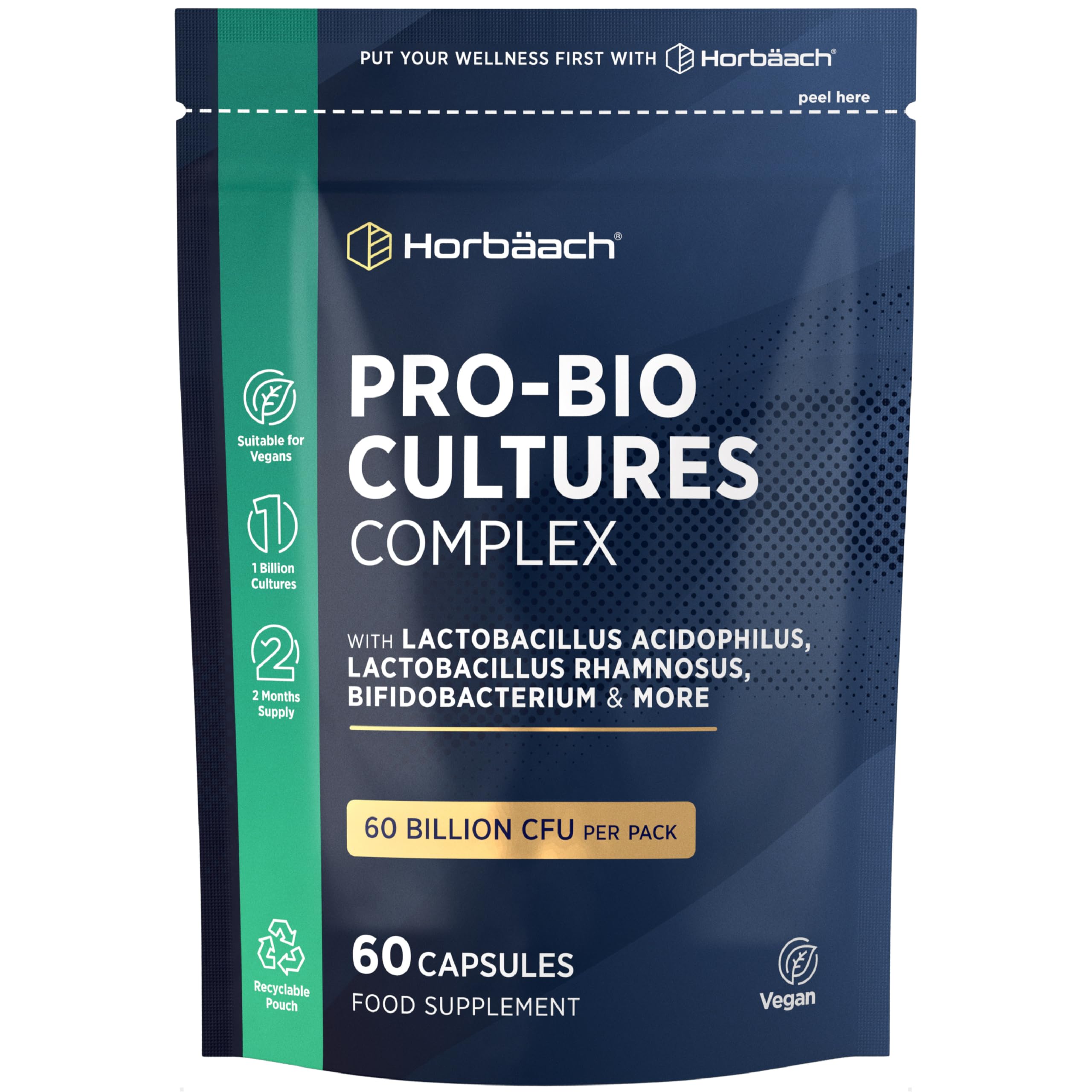 Pro-Bio Cultures Complex 60 Billion CFU Per Pack | Advanced Multi-Strain Pro-Bio with Lactobacillus Acidophilus, Bifidobacterium | 60 Vegan Capsules | Supplement for Men & Women | by Horbaach