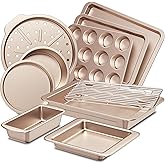 HONGBAKE Bakeware Sets, Baking Pans Set, Nonstick Oven Pan for Kitchen with Wider Grips, 10-Piece Including Rack, Cookie Sheet, Cake Pans, Loaf Pan, Muffin Pan, Pizza Pan - Champagne Gold