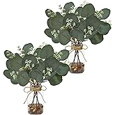 unlemoni 2 Pack Artificial Eucalyptus Stems in Glass Vase with Faux Water Stone, 11" Fake Eucalyptus Leaves Faux Greenery Branches Plants for Kitchen Home Table Centerpiece Decor (DarkGreen)
