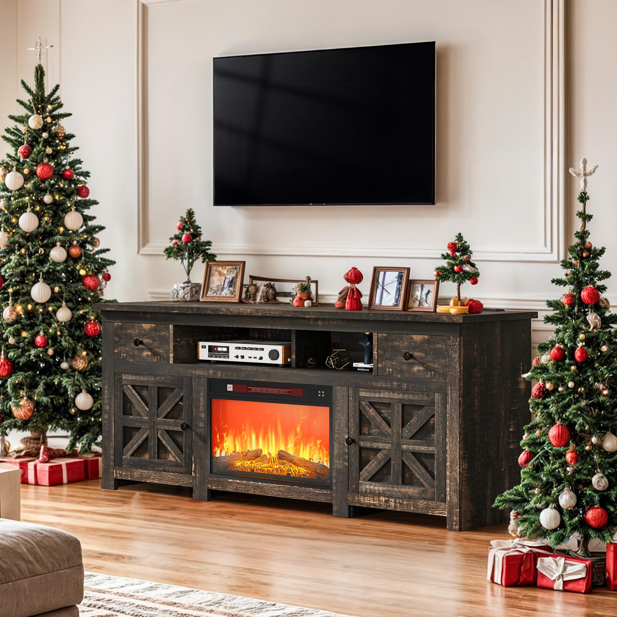 Photo 1 of +++HARDWARE IS MISSING++DWVO TV Stand with Fireplace for 75 Inch TVs, Entertainment Center with Power Outlet, Electric Fireplace TV Stands for Living Room, TV Console with Storage Drawers & Cabinets (Dark Rustic Oak)